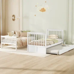 Redom Lit superposé 90x200 cm avec lit gigogne et échelle intégrée en pin blanc, modulable, gain de place*Enfant Lit Enfant