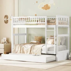 Redom Lit superposé 90x200 cm avec lit gigogne et échelle intégrée en pin blanc, modulable, gain de place*Enfant Lit Enfant