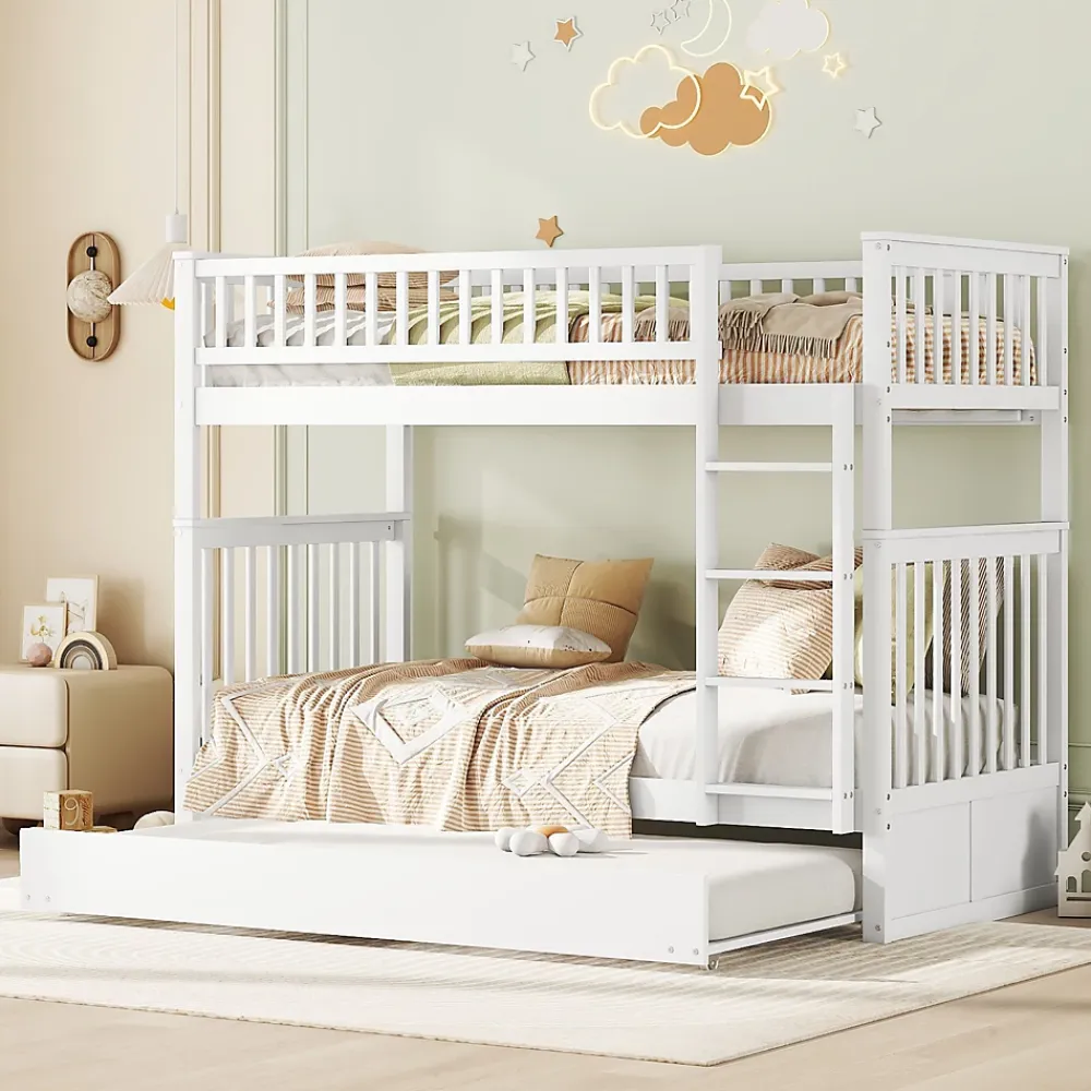 Redom Lit superposé 90x200 cm avec lit gigogne et échelle intégrée en pin blanc, modulable, gain de place*Enfant Lit Enfant