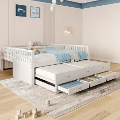 Lit Superposé 90x200 cm avec Lit Gigogne et 3 Tiroirs - Bois de Pin et MDF - Sans Matelas - Blanc><noscript><img data-lazyloaded=