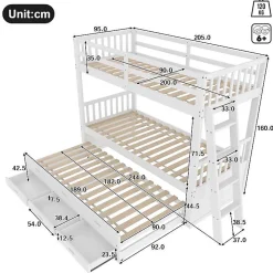 Lit Superposé 90x200 cm avec Lit Gigogne et 3 Tiroirs - Bois de Pin et MDF - Sans Matelas - Blanc><noscript><img data-lazyloaded=