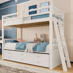 Lit Superposé 90x200 cm avec Lit Gigogne et 3 Tiroirs - Bois de Pin et MDF - Sans Matelas - Blanc><noscript><img data-lazyloaded=
