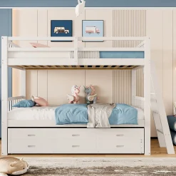Lit Superposé 90x200 cm avec Lit Gigogne et 3 Tiroirs - Bois de Pin et MDF - Sans Matelas - Blanc><noscript><img data-lazyloaded=