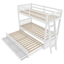 Lit Superposé 90x200 cm avec Lit Gigogne et 3 Tiroirs - Bois de Pin et MDF - Sans Matelas - Blanc><noscript><img data-lazyloaded=