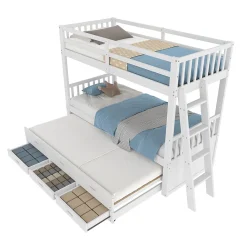 Lit Superposé 90x200 cm avec Lit Gigogne et 3 Tiroirs - Bois de Pin et MDF - Sans Matelas - Blanc><noscript><img data-lazyloaded=