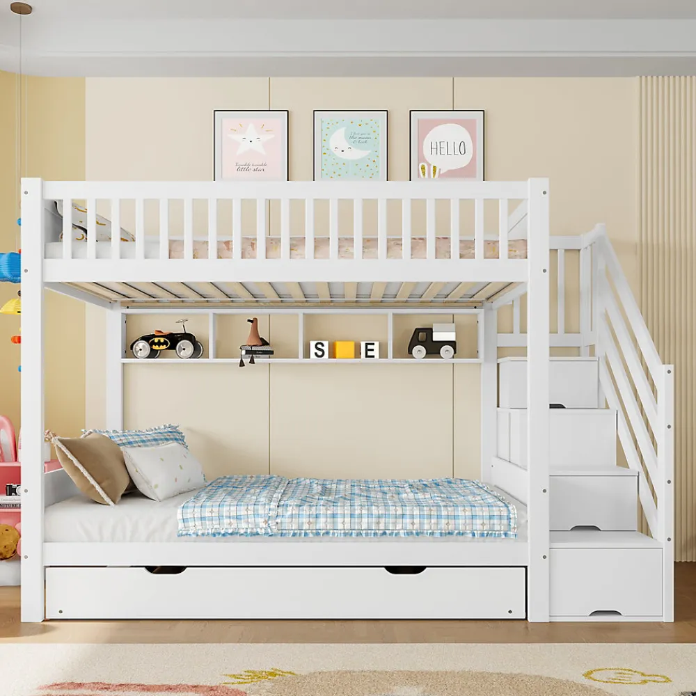 Lit superposé 90x200 cm avec lit gigogne et armoire intégrée, escalier coffre en pin blanc>Redom Best