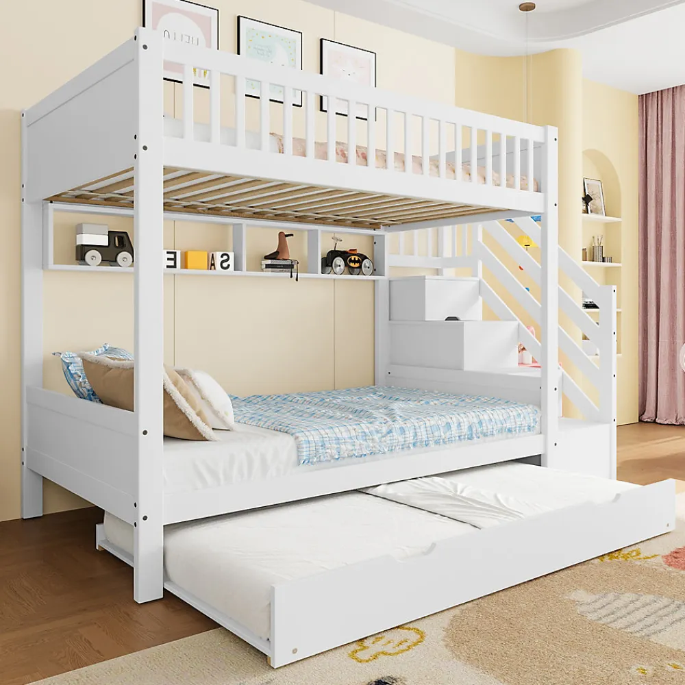 Lit superposé 90x200 cm avec lit gigogne et armoire intégrée, escalier coffre en pin blanc>Redom Best