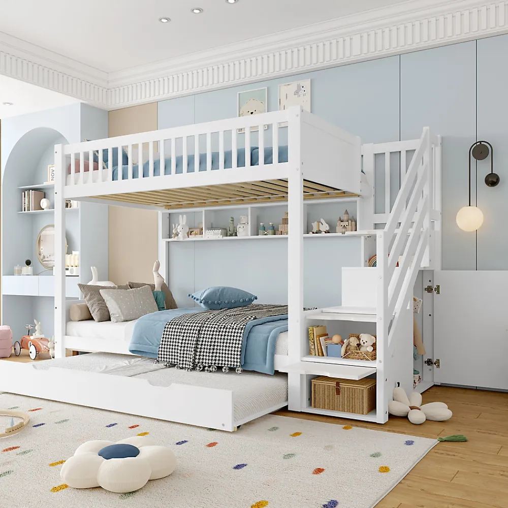 Lit superposé 90x200 cm avec lit gigogne et armoire intégrée, escalier coffre en pin blanc>Redom Best