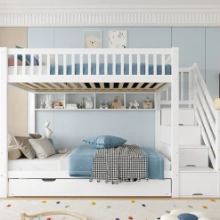 Lit superposé 90x200 cm avec lit gigogne et armoire intégrée, escalier coffre en pin blanc><noscript><img width=