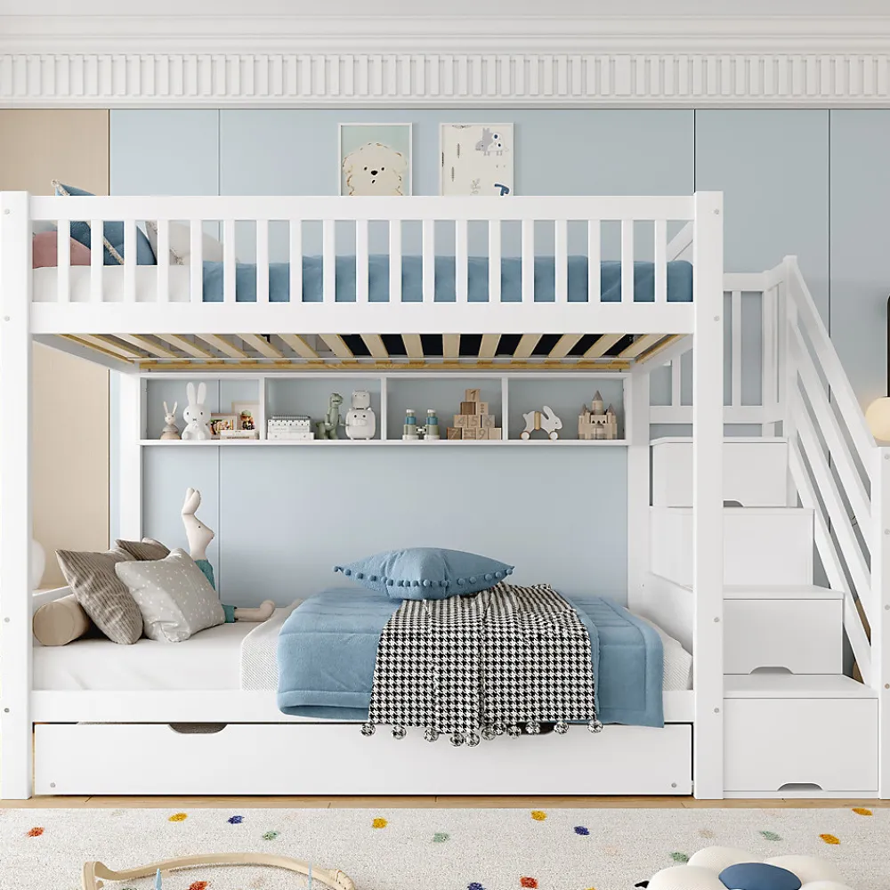 Lit superposé 90x200 cm avec lit gigogne et armoire intégrée, escalier coffre en pin blanc>Redom Best