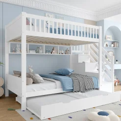 Lit superposé 90x200 cm avec lit gigogne et armoire intégrée, escalier coffre en pin blanc><noscript><img width=