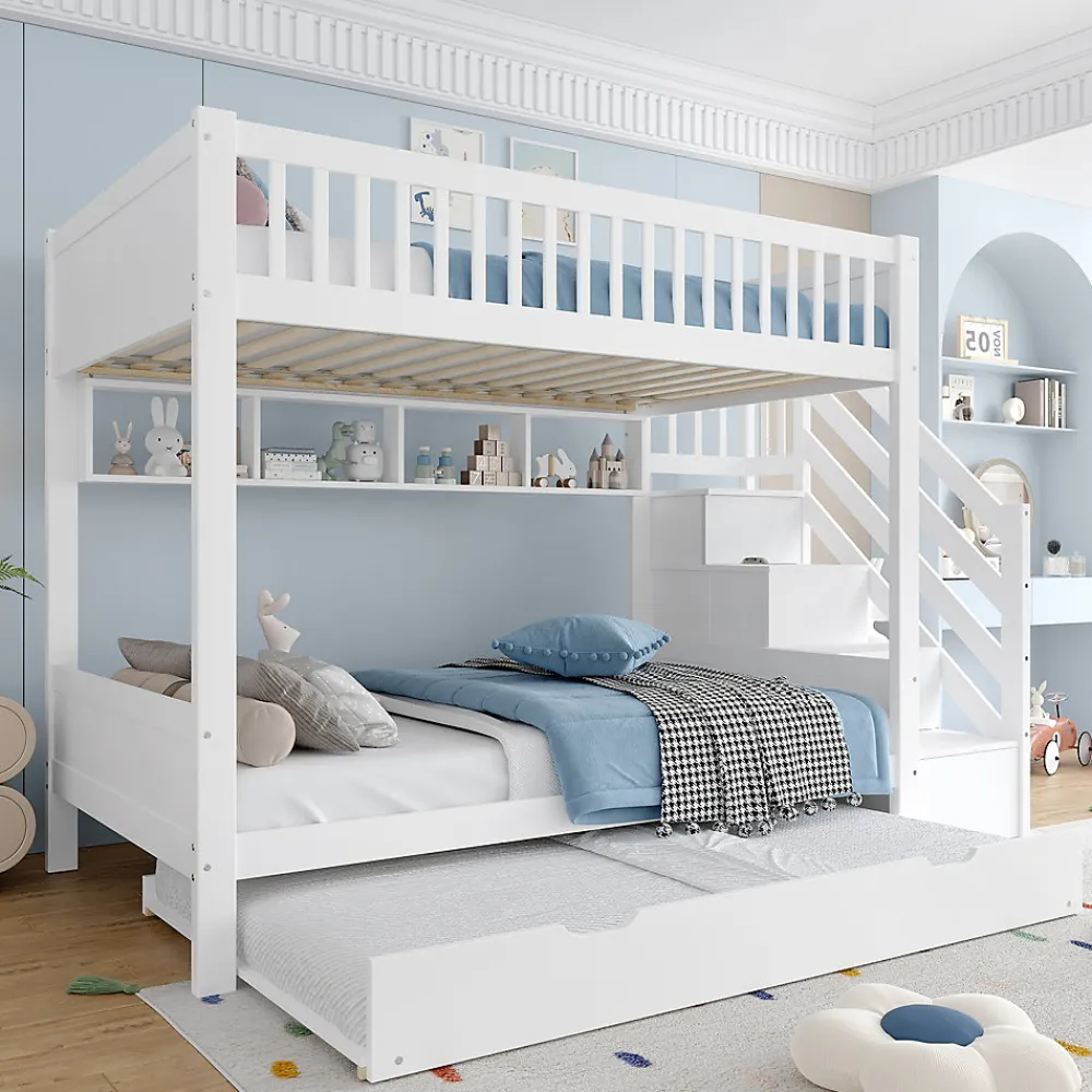 Lit superposé 90x200 cm avec lit gigogne et armoire intégrée, escalier coffre en pin blanc>Redom Best