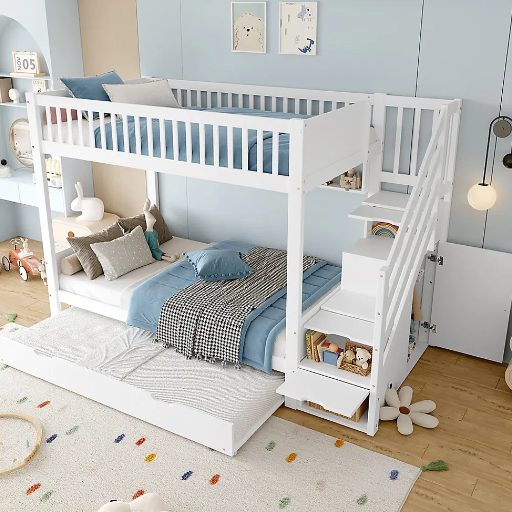 Lit superposé 90x200 cm avec lit gigogne et armoire intégrée, escalier coffre en pin blanc>Redom Best