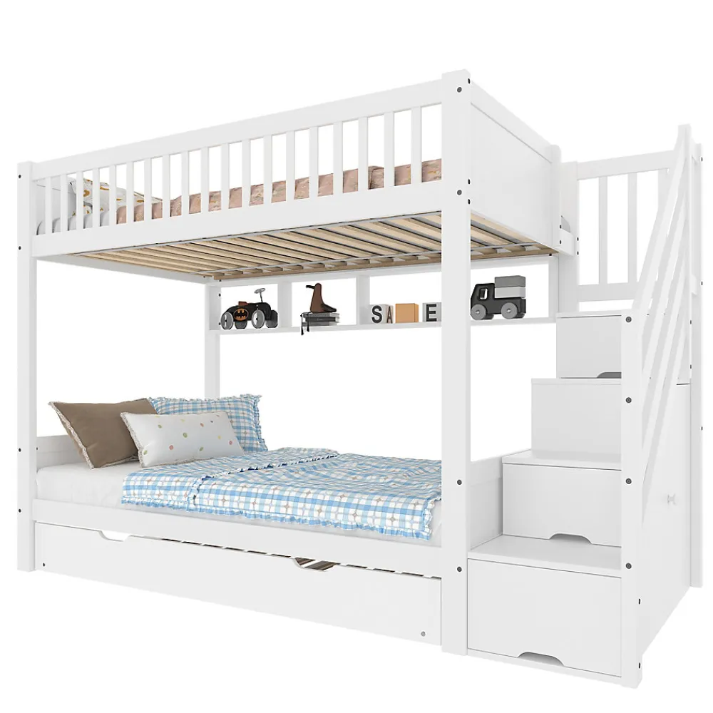 Lit superposé 90x200 cm avec lit gigogne et armoire intégrée, escalier coffre en pin blanc>Redom Best