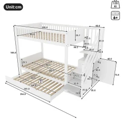 Lit superposé 90x200 cm avec lit gigogne et armoire intégrée, escalier coffre en pin blanc><noscript><img width=