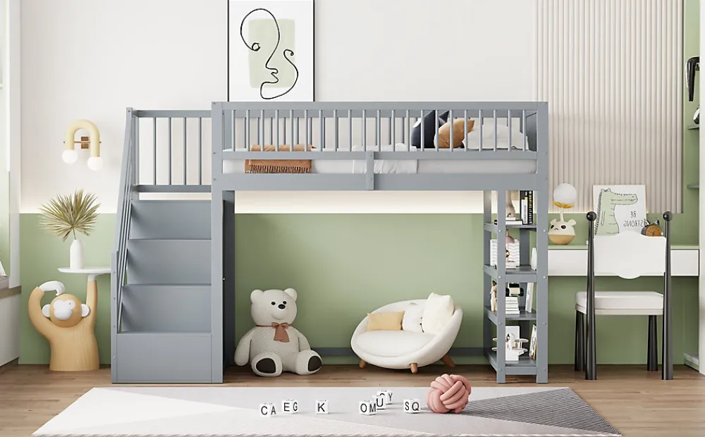 Lit superposé 90x200 cm avec rangements intégrés et échelle de sécurité en bois massif, gain de place>Redom