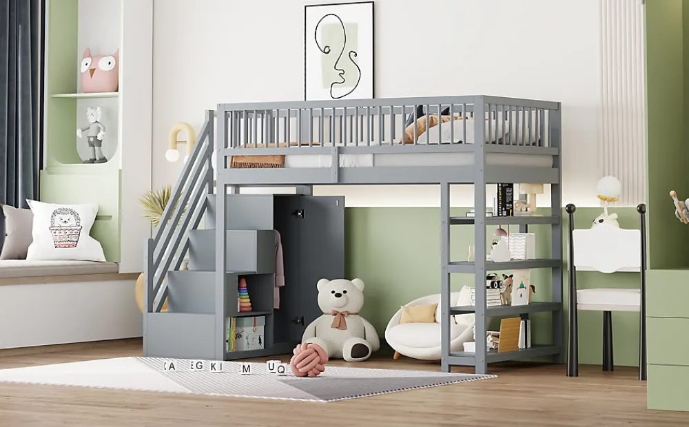 Lit superposé 90x200 cm avec rangements intégrés et échelle de sécurité en bois massif, gain de place>Redom