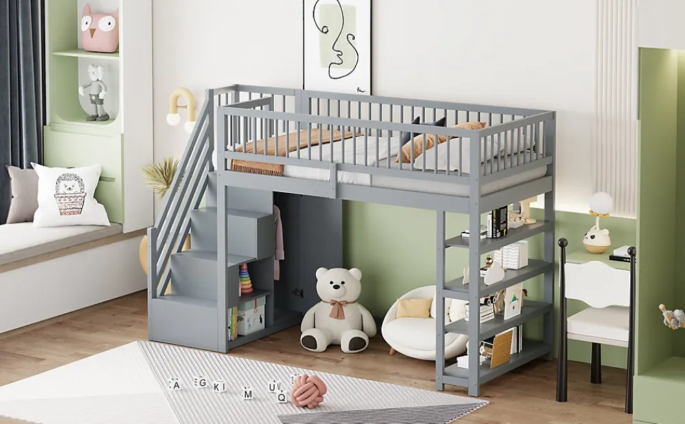 Lit superposé 90x200 cm avec rangements intégrés et échelle de sécurité en bois massif, gain de place>Redom