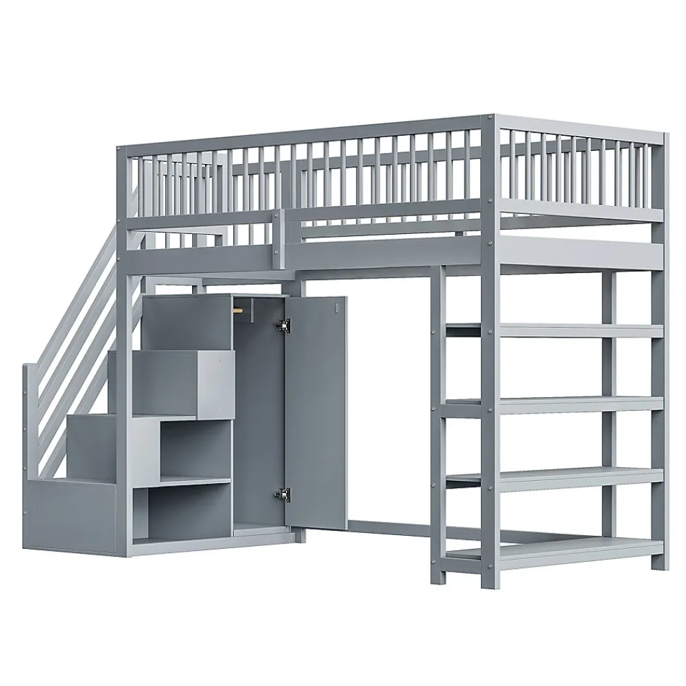 Lit superposé 90x200 cm avec rangements intégrés et échelle de sécurité en bois massif, gain de place>Redom