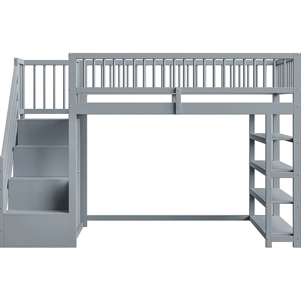 Lit superposé 90x200 cm avec rangements intégrés et échelle de sécurité en bois massif, gain de place>Redom