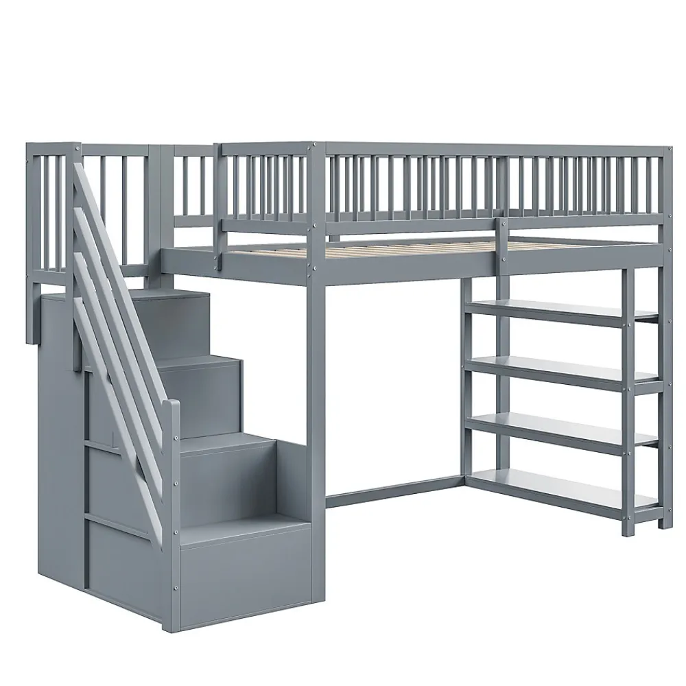 Lit superposé 90x200 cm avec rangements intégrés et échelle de sécurité en bois massif, gain de place>Redom