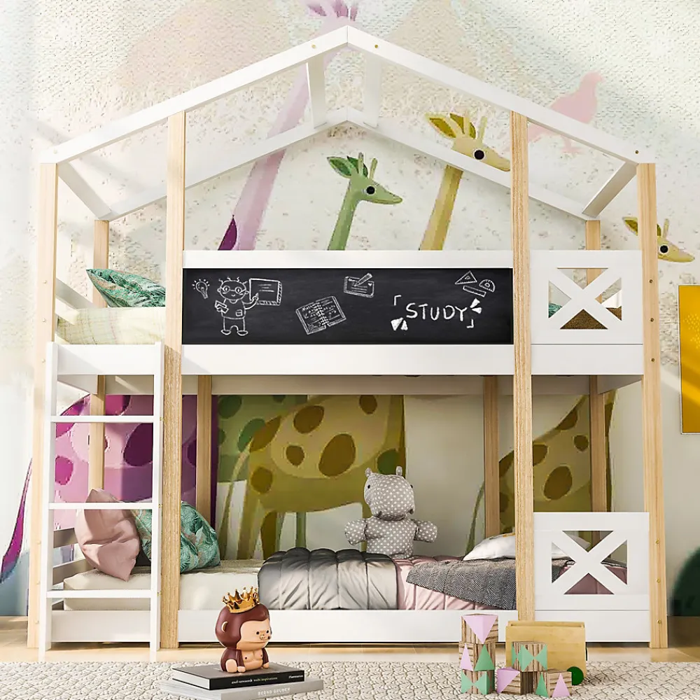 Lit superposé 90x200 cm avec sommier inclus et échelle intégrée, toit ludique et tableau, pin massif/MDF blanc>Redom New