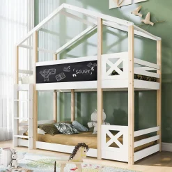 Lit superposé 90x200 cm avec sommier inclus et échelle intégrée, toit ludique et tableau, pin massif/MDF blanc>Redom New