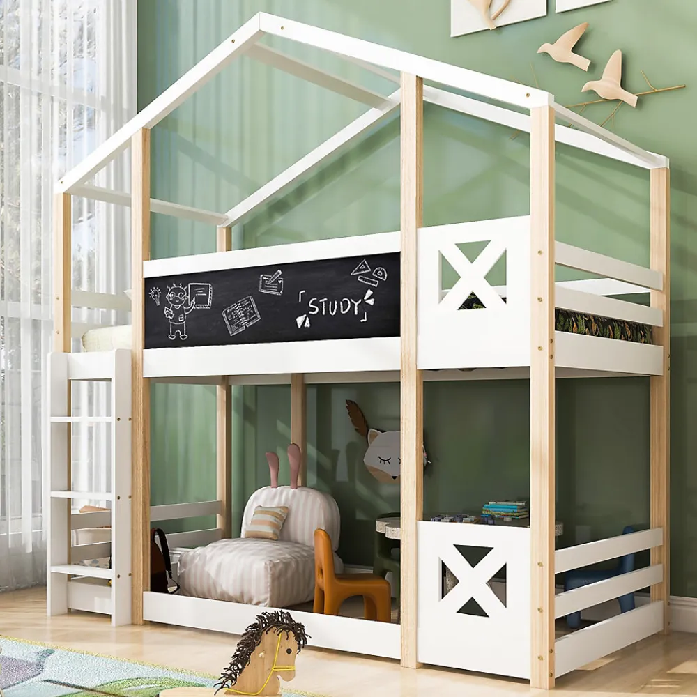 Lit superposé 90x200 cm avec sommier inclus et échelle intégrée, toit ludique et tableau, pin massif/MDF blanc>Redom New