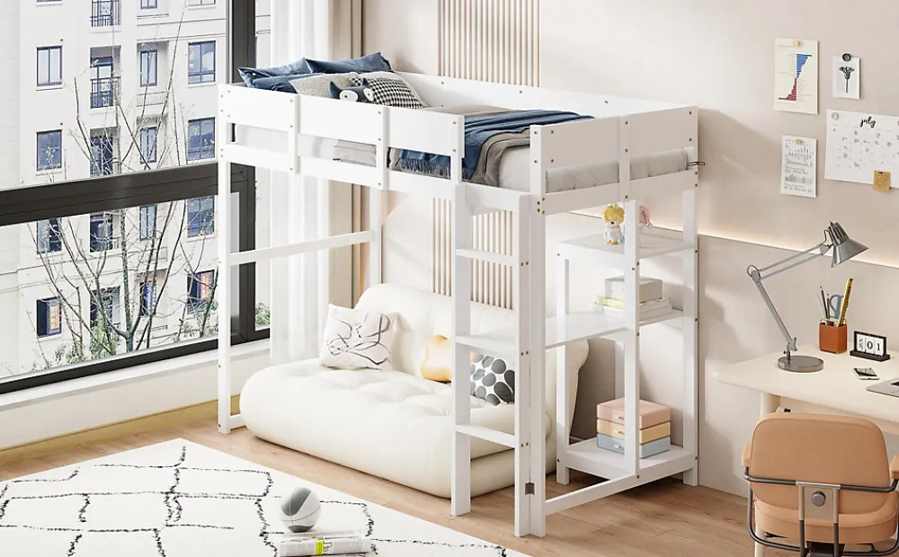 Redom Lit superposé 90x200 cm avec étagère intégrée et garde-corps, structure en pin massif blanc, solution gain de place*Enfant Lit Enfant
