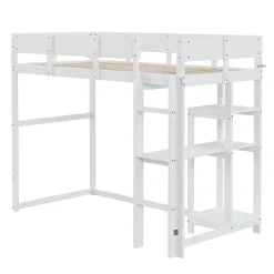 Redom Lit superposé 90x200 cm avec étagère intégrée et garde-corps, structure en pin massif blanc, solution gain de place*Enfant Lit Enfant