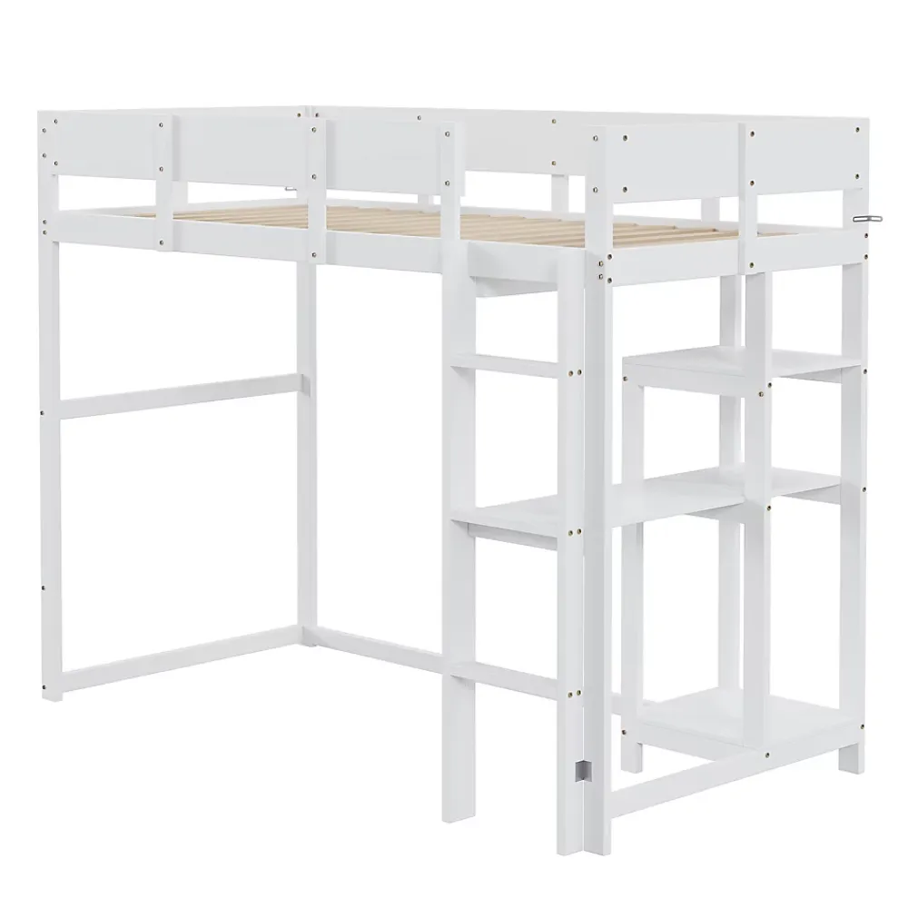 Redom Lit superposé 90x200 cm avec étagère intégrée et garde-corps, structure en pin massif blanc, solution gain de place*Enfant Lit Enfant