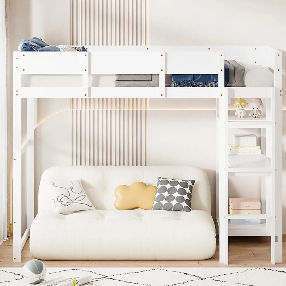 Redom Lit superposé 90x200 cm avec étagère intégrée et garde-corps, structure en pin massif blanc, solution gain de place*Enfant Lit Enfant