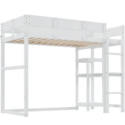 Redom Lit superposé 90x200 cm avec étagère intégrée et garde-corps, structure en pin massif blanc, solution gain de place*Enfant Lit Enfant