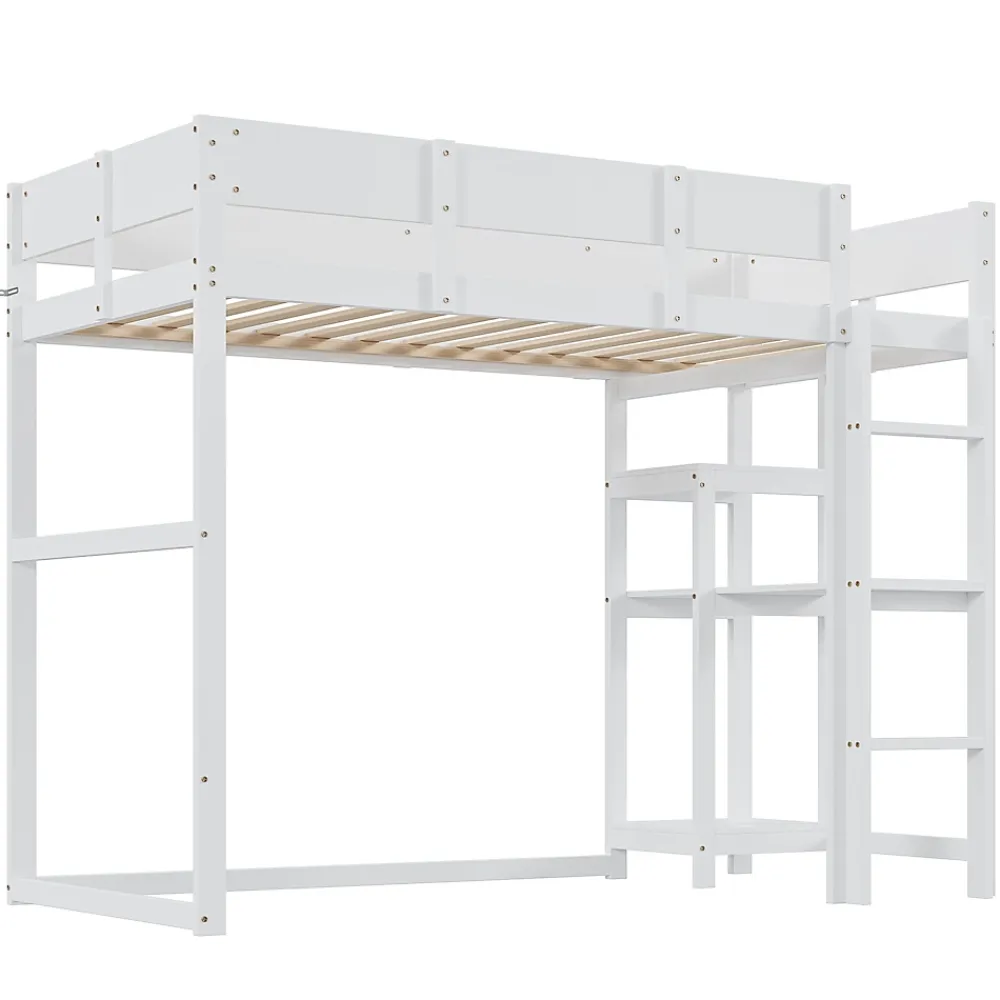 Redom Lit superposé 90x200 cm avec étagère intégrée et garde-corps, structure en pin massif blanc, solution gain de place*Enfant Lit Enfant