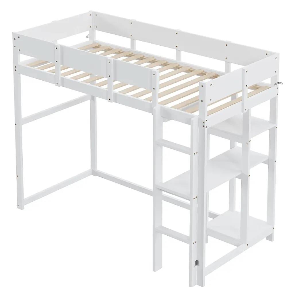 Redom Lit superposé 90x200 cm avec étagère intégrée et garde-corps, structure en pin massif blanc, solution gain de place*Enfant Lit Enfant