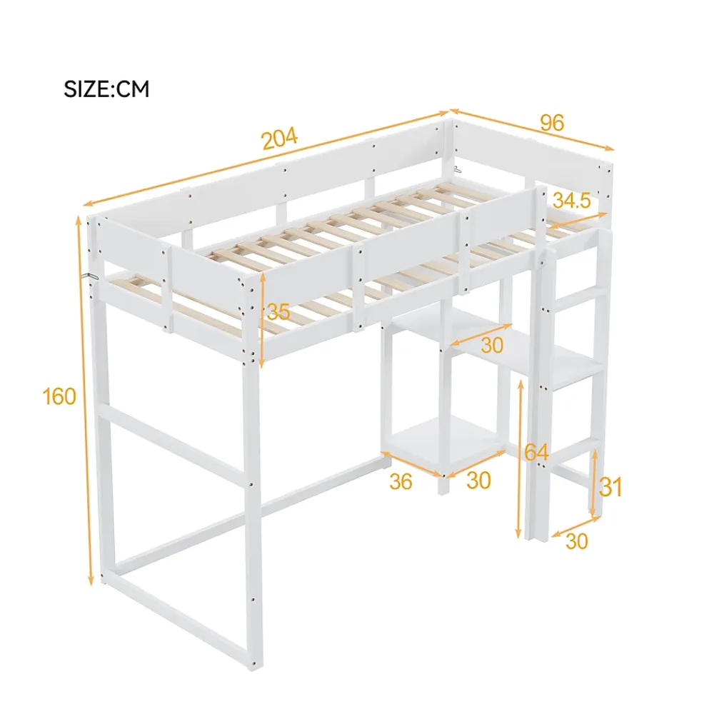 Redom Lit superposé 90x200 cm avec étagère intégrée et garde-corps, structure en pin massif blanc, solution gain de place*Enfant Lit Enfant