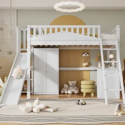 Fortuna lai Lit superposé 90x200 cm avec table, armoire, sécurité, échelle 4 marches, cadre bois*Enfant Lit Enfant