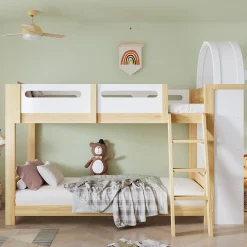 Lit superposé 90x200 cm avec étagère 3 niveaux et échelle 3 marches en pin massif/MDF>Redom Sale