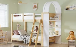 Lit superposé 90x200 cm avec étagère 3 niveaux et échelle 3 marches en pin massif/MDF><noscript><img width=