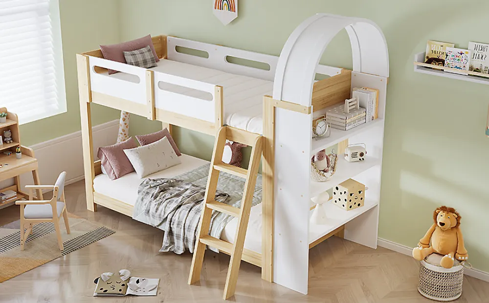 Lit superposé 90x200 cm avec étagère 3 niveaux et échelle 3 marches en pin massif/MDF>Redom Sale