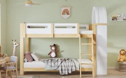 Lit superposé 90x200 cm avec étagère 3 niveaux et échelle 3 marches en pin massif/MDF><noscript><img width=