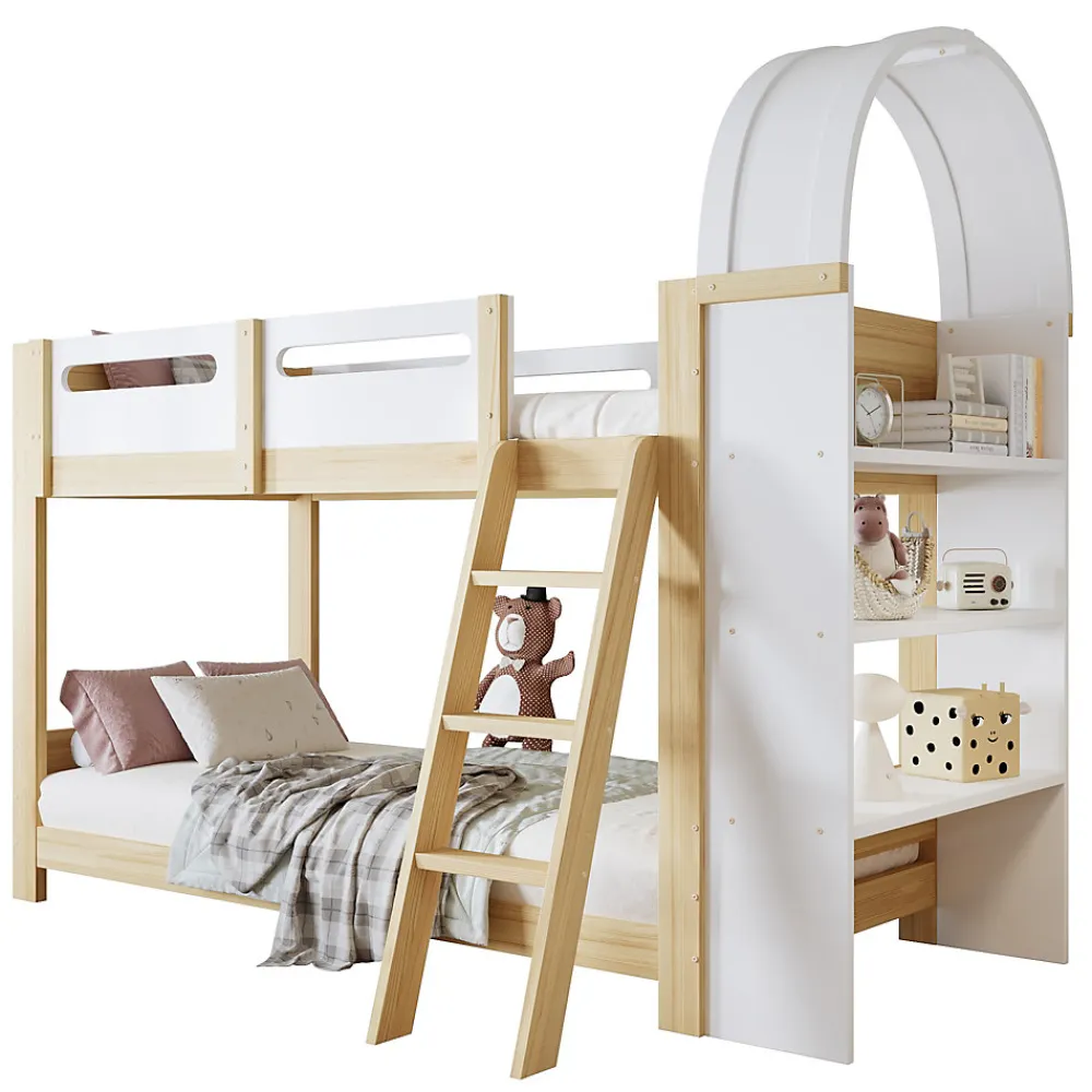 Lit superposé 90x200 cm avec étagère 3 niveaux et échelle 3 marches en pin massif/MDF>Redom Sale