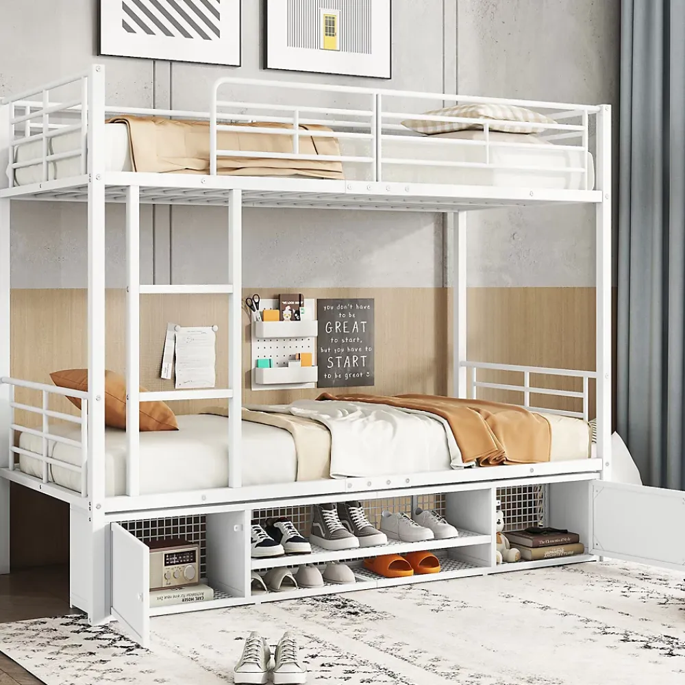 Redom Lit superposé 90x200 cm avec étagère à chaussures intégrée et échelle 3 marches, métal blanc*Enfant Lit Enfant