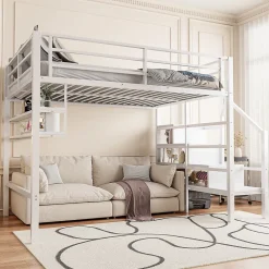 Redom Lit superposé 140x200 cm avec étagères intégrées et échelle de rangement, structure métal blanche*Enfant Lit Enfant