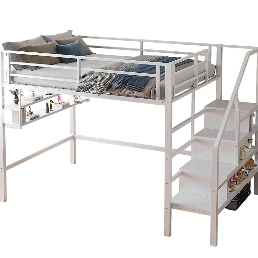 Redom Lit superposé 140x200 cm avec étagères intégrées et échelle de rangement, structure métal blanche*Enfant Lit Enfant