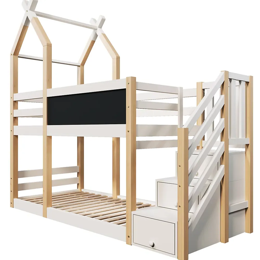 Okwish Lit superposé 90x200 cm avec tableau noir intégré - Lit enfant pratique avec sommiers inclus - Sans matelas - Blanc*Enfant Lit Enfant