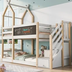 Okwish Lit superposé 90x200 cm avec tableau noir intégré - Lit enfant pratique avec sommiers inclus - Sans matelas - Blanc*Enfant Lit Enfant