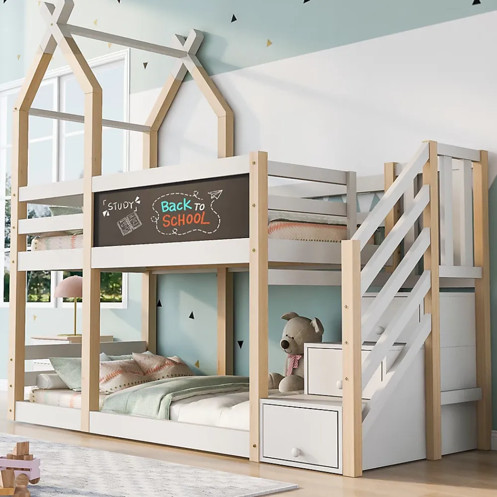 Okwish Lit superposé 90x200 cm avec tableau noir intégré - Lit enfant pratique avec sommiers inclus - Sans matelas - Blanc*Enfant Lit Enfant