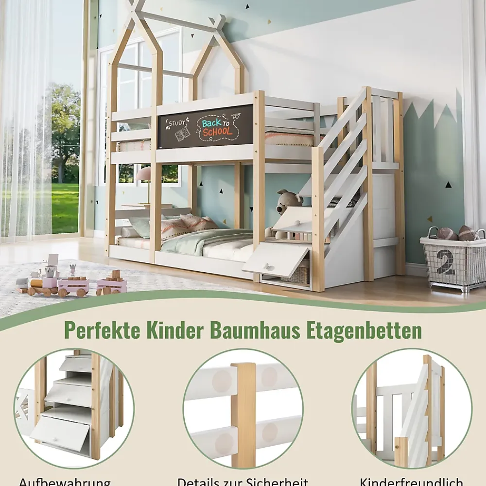 Okwish Lit superposé 90x200 cm avec tableau noir intégré - Lit enfant pratique avec sommiers inclus - Sans matelas - Blanc*Enfant Lit Enfant