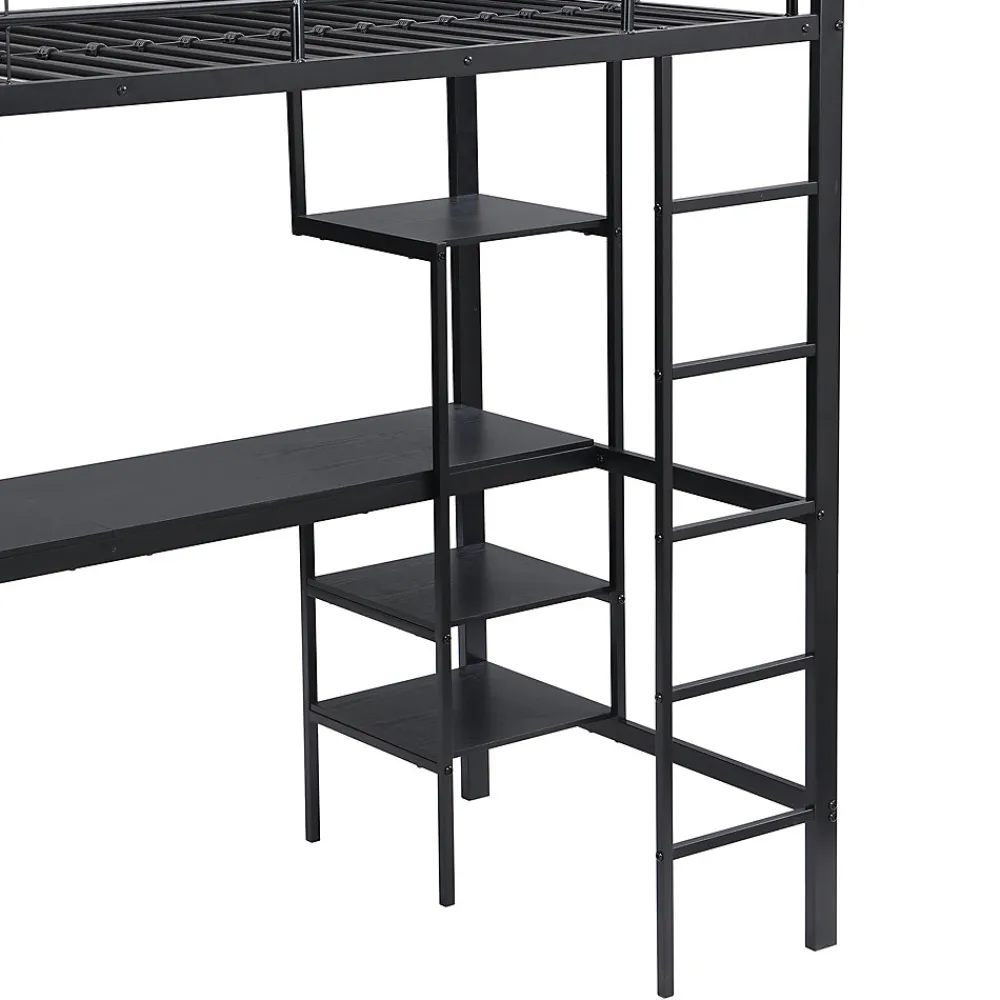 Lit superposé 90x200 cm, avec table, armoire, échelle 5 marches, cadre métal, noir>Fortuna lai Outlet